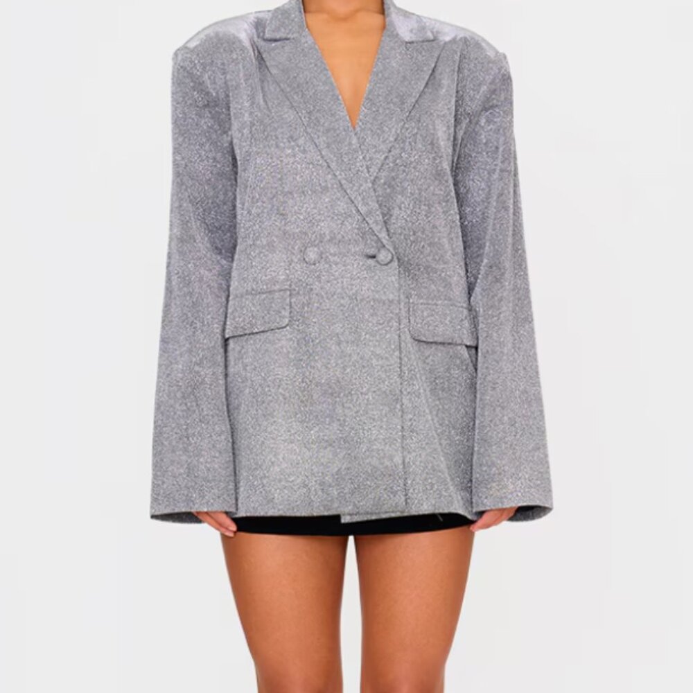 Silver Glitter Oversized Curved Hem Boxy Blazer